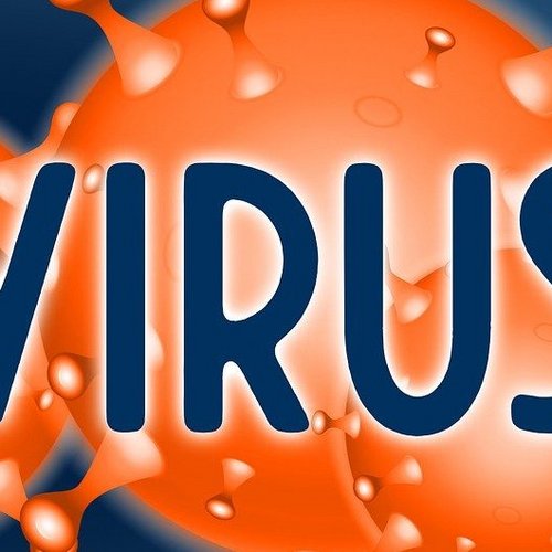 Eine Zeichnung zeigt das Wort Virus und ein Bild des Corona-Virus.